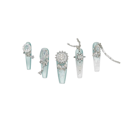 D122Finger Fantasy- Crystal Fantasy Luxury Rhinestone Handmade Press-On Nail Set with Gift Box & Greeting Card, 10pcs Elegant Nail Art Kit for Manicure, Perfect for Christmas Gift and Holiday Glam(DM0122/125)