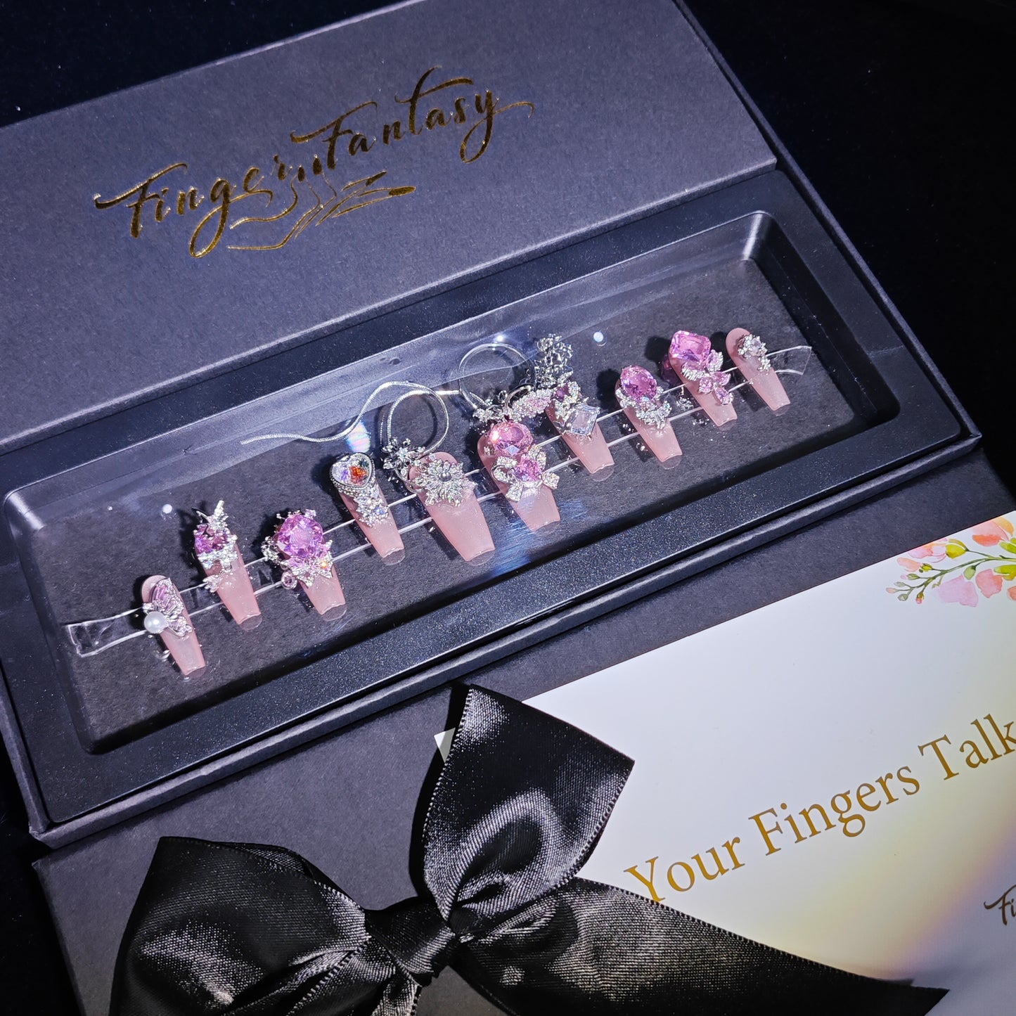 D82Finger Fantasy- Crystal Fantasy Luxury Rhinestone Handmade Press-On Nail Set with Gift Box & Greeting Card, 10pcs Elegant Nail Art Kit for Manicure, Perfect for Christmas Gift and Holiday Glam(DM0082)