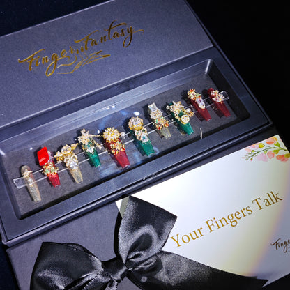 D61Finger Fantasy- Crystal Fantasy Luxury Rhinestone Handmade Press-On Nail Set with Gift Box & Greeting Card, 10pcs Elegant Nail Art Kit for Manicure, Perfect for Christmas Gift and Holiday Glam(DM0061)