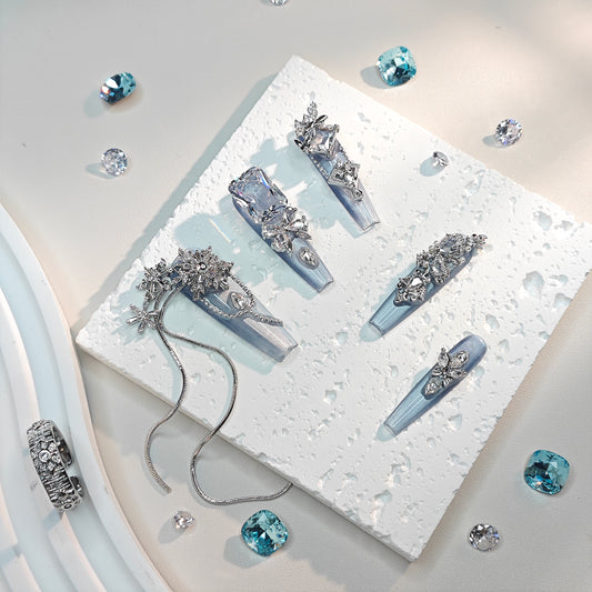 D128Finger Fantasy- Crystal Fantasy Luxury Rhinestone Handmade Press-On Nail Set with Gift Box & Greeting Card, 10pcs Elegant Nail Art Kit for Manicure, Perfect for Christmas Gift and Holiday Glam(DM0128)