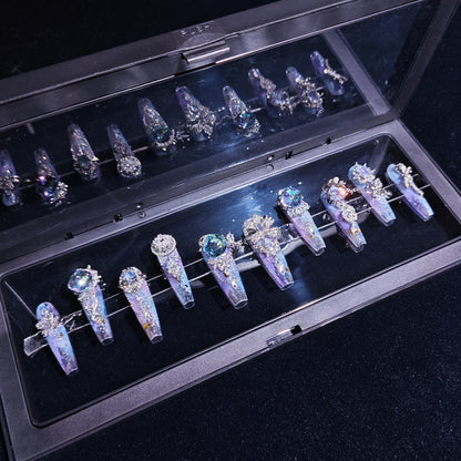 Finger Fantasy- Crystal Fantasy Luxury Rhinestone Handmade Press-On Nail Set with Gift Box & Greeting Card, 10pcs Elegant Nail Art Kit for Manicure, Perfect for Gifts and Holiday Glam(DM0083/89/90)