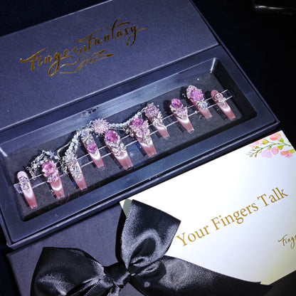 D58FingerFantasy- Crystal Fantasy Luxury Rhinestone Handmade Press-On Nail Set with Gift Box & Greeting Card, 10pcs Elegant Nail Art Kit for Manicure, Perfect for Christmas Gift and Holiday Glam（DM0058）