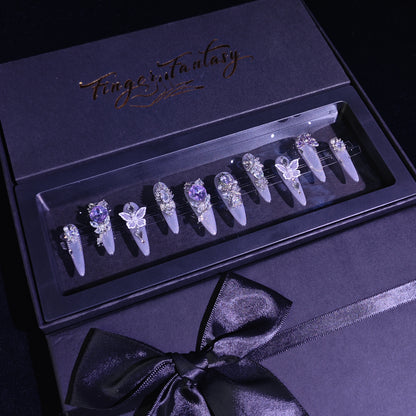 Finger Fantasy- Crystal Fantasy Luxury Rhinestone Handmade Press-On Nail Set with Gift Box & Greeting Card, 10pcs Elegant Nail Art Kit for Manicure, Perfect for Gifts and Holiday Glam(DM0040)