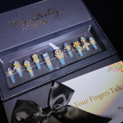 Finger Fantasy- Crystal Fantasy Luxury Rhinestone Handmade Press-On Nail Set with Gift Box & Greeting Card, 10pcs Elegant Nail Art Kit for Manicure, Perfect for Gifts and Holiday Glam(DM0070/0108-114)