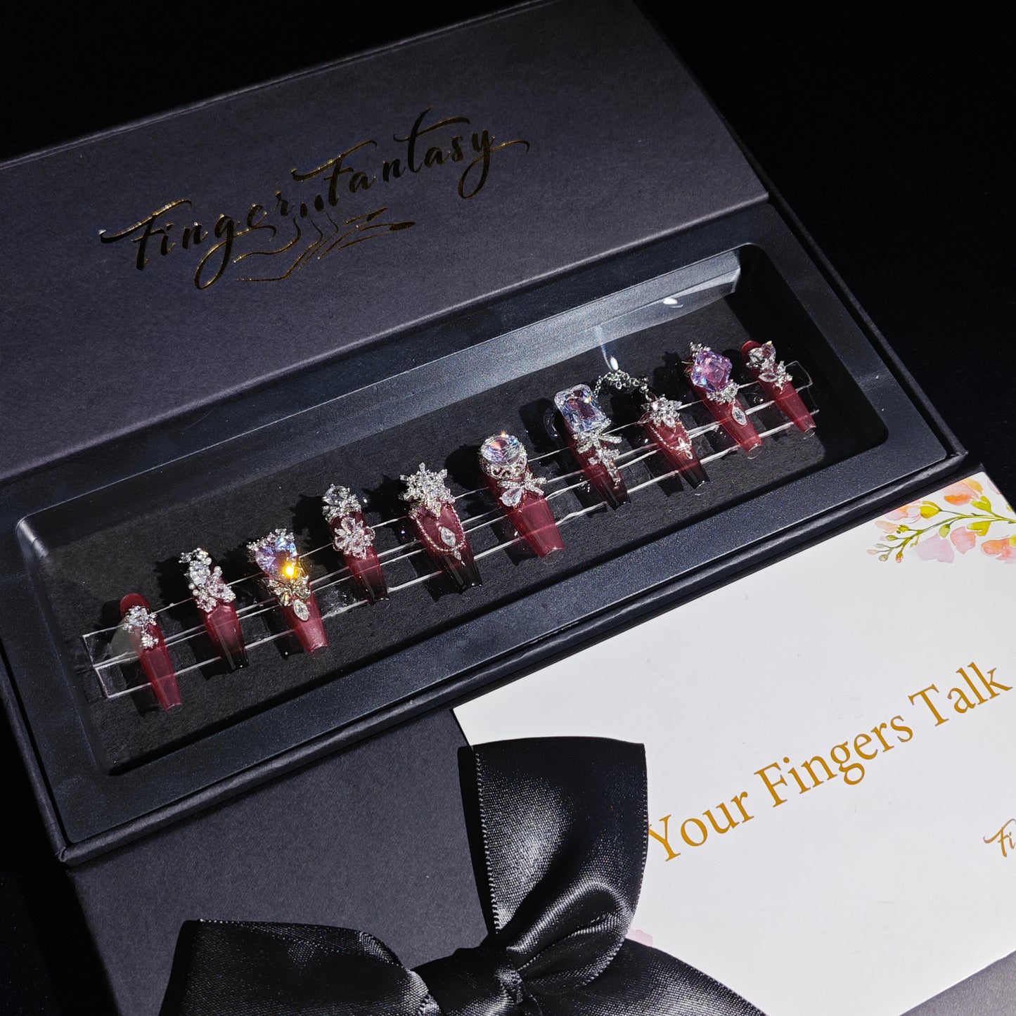 D124Finger Fantasy- Crystal Fantasy Luxury Rhinestone Handmade Press-On Nail Set with Gift Box & Greeting Card, 10pcs Elegant Nail Art Kit for Manicure, Perfect for Christmas Gift and Holiday Glam(DM0124)