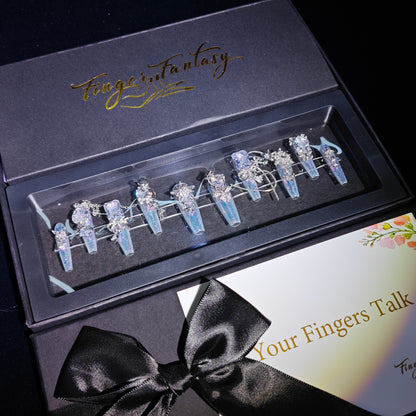 Finger Fantasy- Crystal Fantasy Luxury Rhinestone Handmade Press-On Nail Set with Gift Box & Greeting Card, 10pcs Elegant Nail Art Kit for Manicure, Perfect for Gifts and Holiday Glam(DM0119-120)