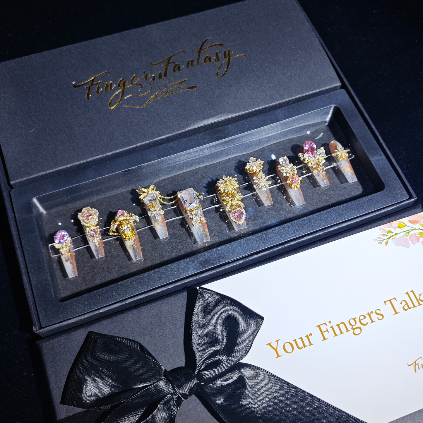 Finger Fantasy- Crystal Fantasy Luxury Rhinestone Handmade Press-On Nail Set with Gift Box & Greeting Card, 10pcs Elegant Nail Art Kit for Manicure, Perfect for Gifts and Holiday Glam(DM0095/98-101)