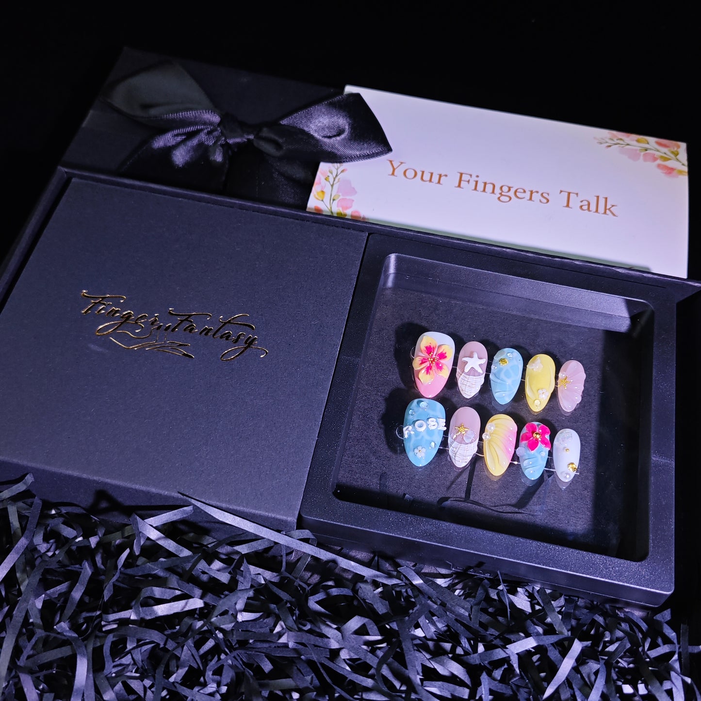 Finger Fantasy-Classic Fantasy Luxury Handmade Press On Nail Set with Gift Box & Greeting Card, 10pcs Elegant Nail Art Kit for Manicure, Perfect for Gifts and Holiday Glam(NM0004)