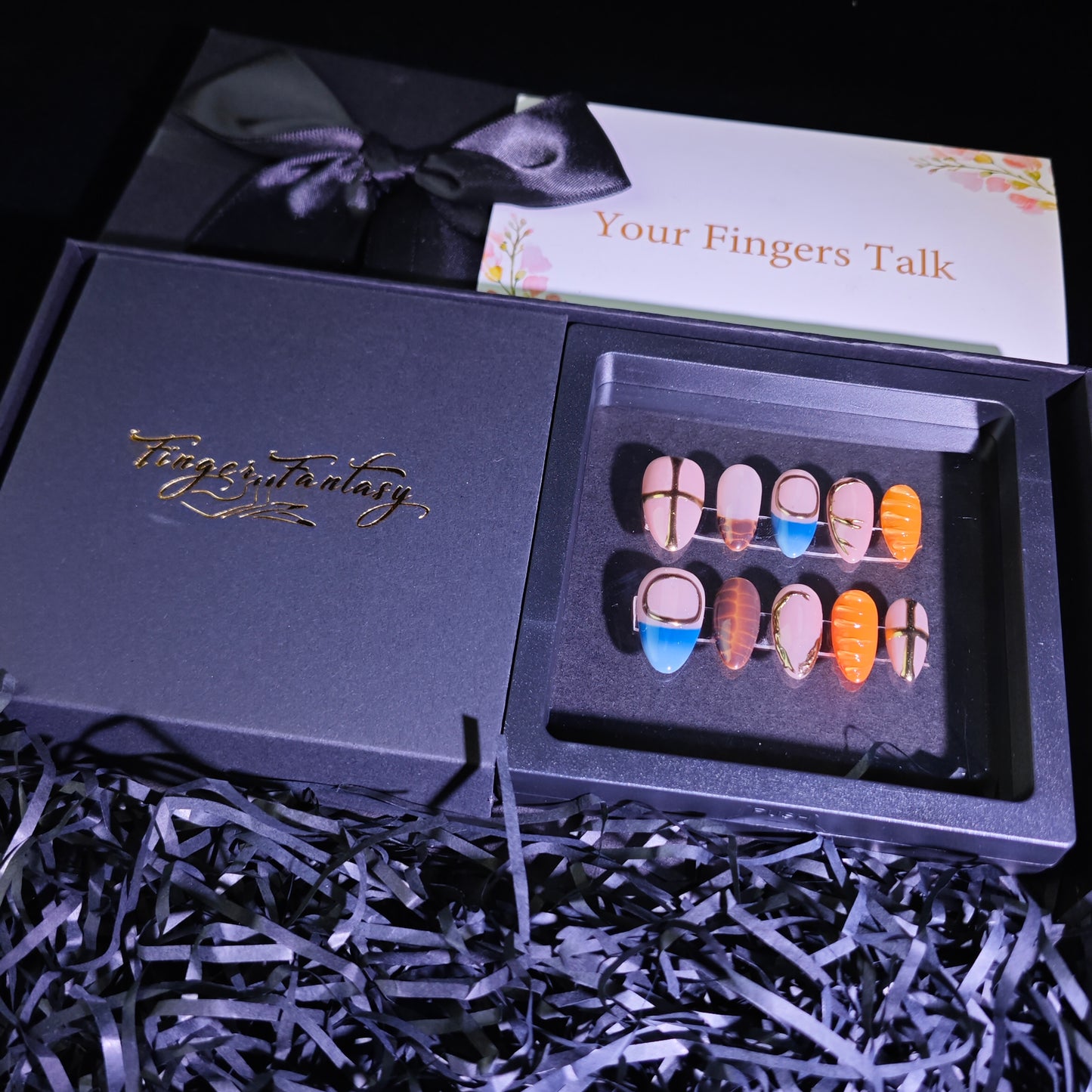 Finger Fantasy-Classic Fantasy Luxury Handmade Press On Nail Set with Gift Box & Greeting Card, 10pcs Elegant Nail Art Kit for Manicure, Perfect for Gifts and Holiday Glam(NM0002)