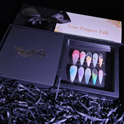 Finger Fantasy-Classic Fantasy Luxury Handmade Press On Nail Set with Gift Box & Greeting Card, 10pcs Elegant Nail Art Kit for Manicure, Perfect for Gifts and Holiday Glam(NM0012)