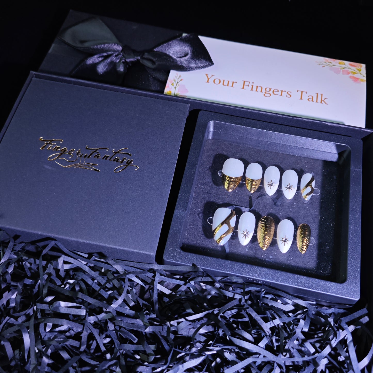 Finger Fantasy-Classic Fantasy Luxury Handmade Press On Nail Set with Gift Box & Greeting Card, 10pcs Elegant Nail Art Kit for Manicure, Perfect for Gifts and Holiday Glam(NM0005)