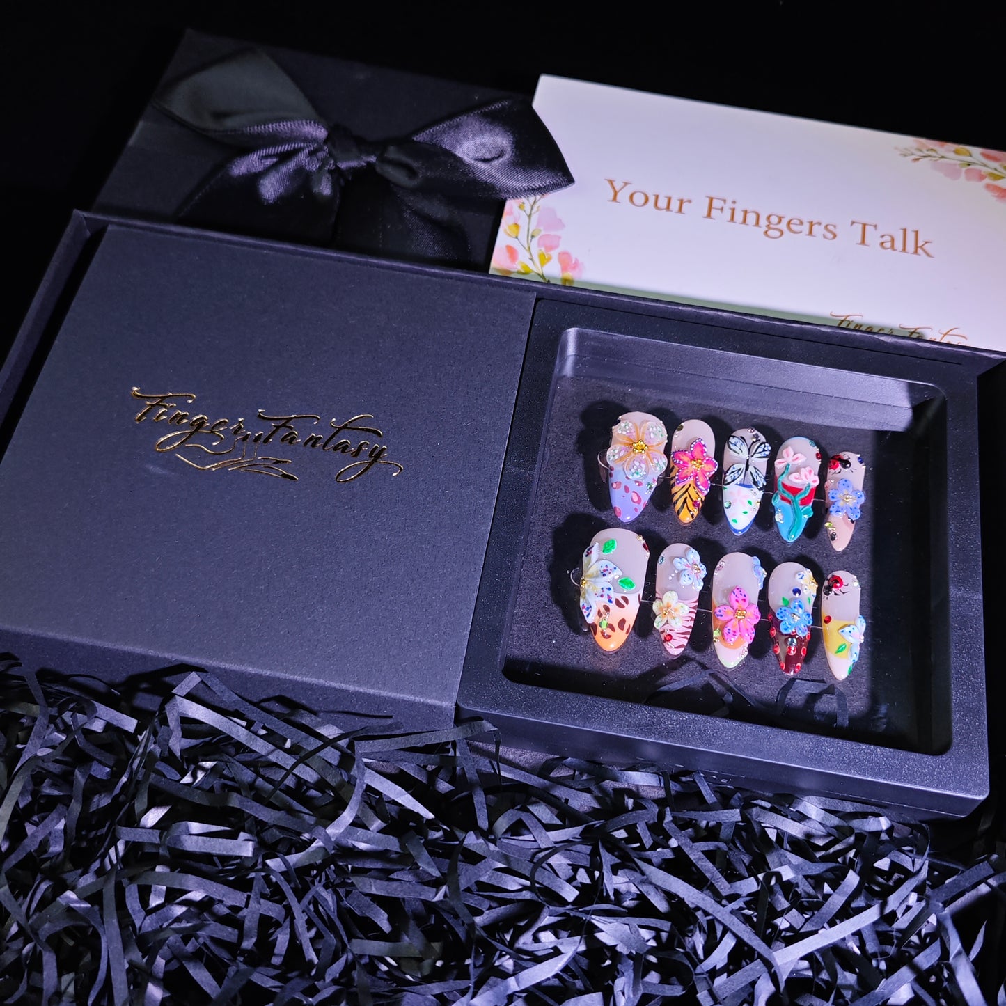 Finger Fantasy-Classic Fantasy Luxury Handmade Press On Nail Set with Gift Box & Greeting Card, 10pcs Elegant Nail Art Kit for Manicure, Perfect for Gifts and Holiday Glam(NM0013)