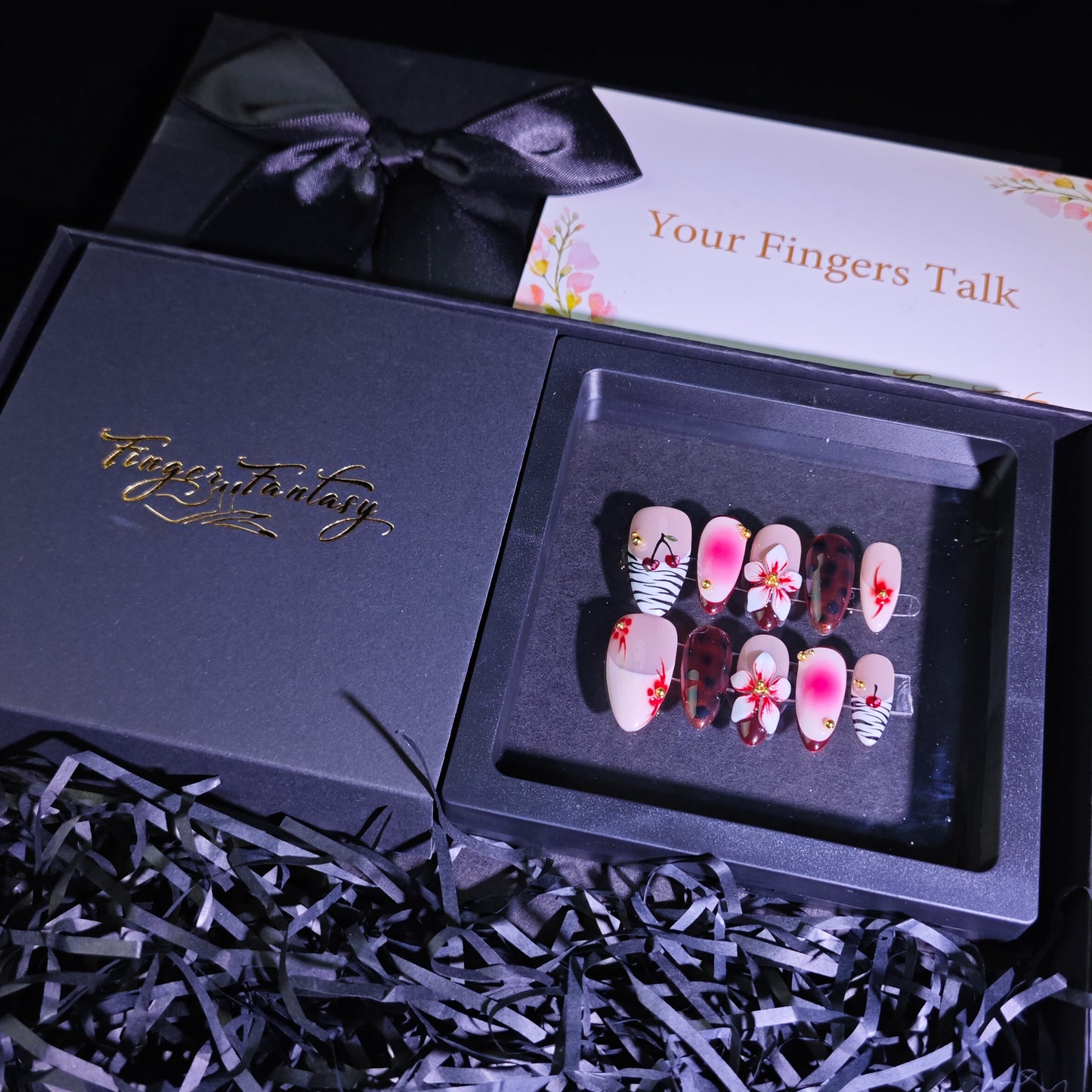 Finger Fantasy-Classic Fantasy Luxury Handmade Press On Nail Set with Gift Box & Greeting Card, 10pcs Elegant Nail Art Kit for Manicure, Perfect for Gifts and Holiday Glam(NM0008)