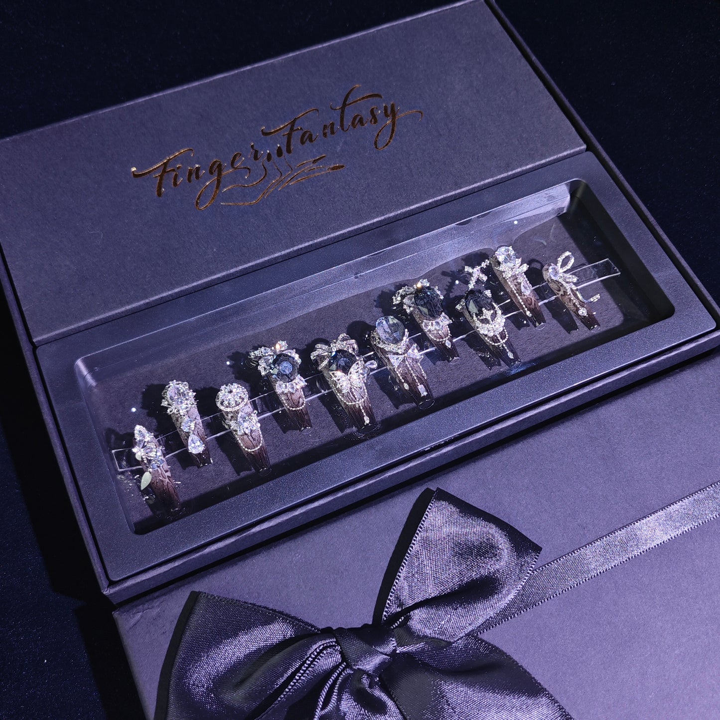 Finger Fantasy- Crystal Fantasy Luxury Rhinestone Handmade Press-On Nail Set with Gift Box & Greeting Card, 10pcs Elegant Nail Art Kit for Manicure, Perfect for Gifts and Holiday Glam(DM0011/0012)