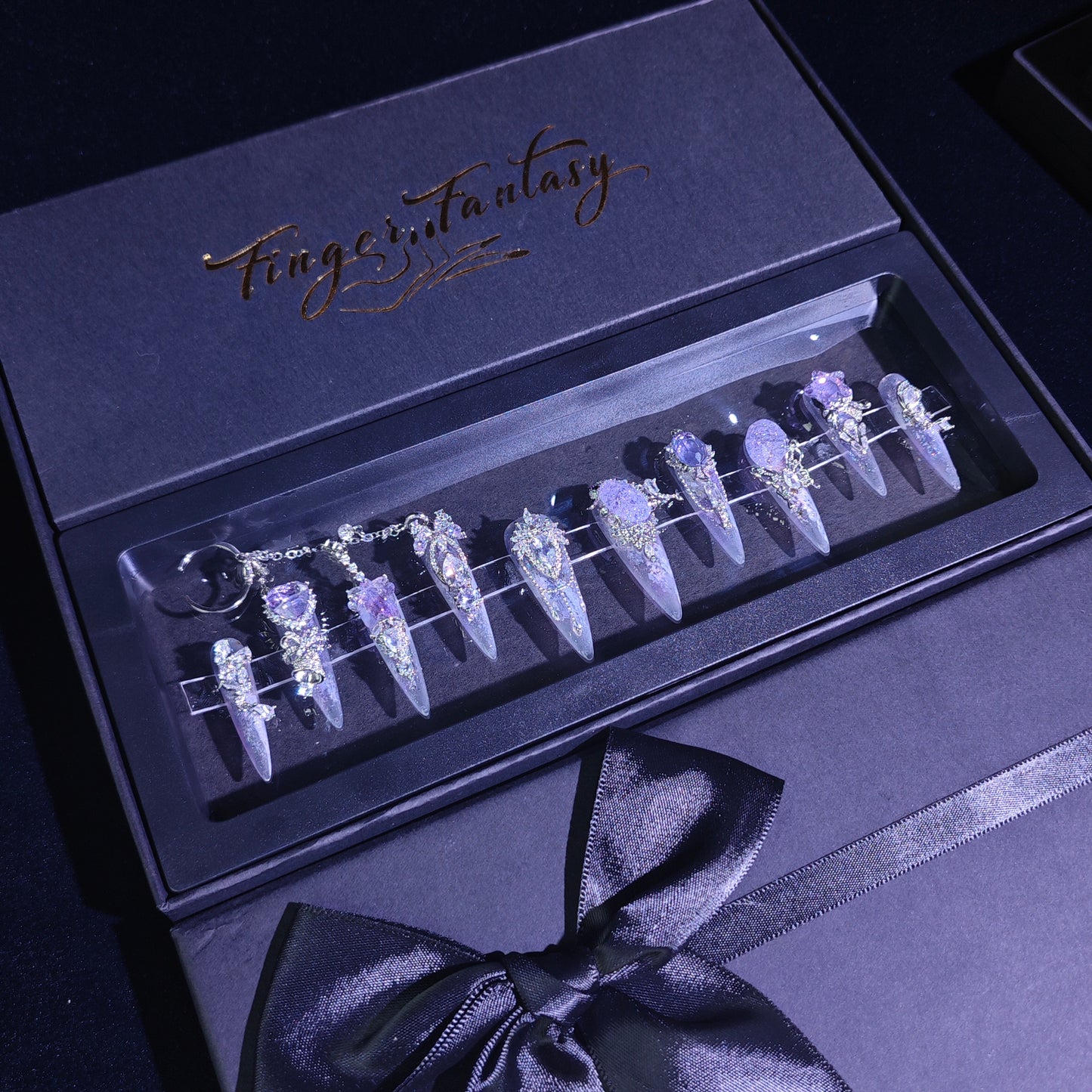 Finger Fantasy- Crystal Fantasy Luxury Rhinestone Handmade Press-On Nail Set with Gift Box & Greeting Card, 10pcs Elegant Nail Art Kit for Manicure, Perfect for Gifts and Holiday Glam(DM0014-17/26/27)