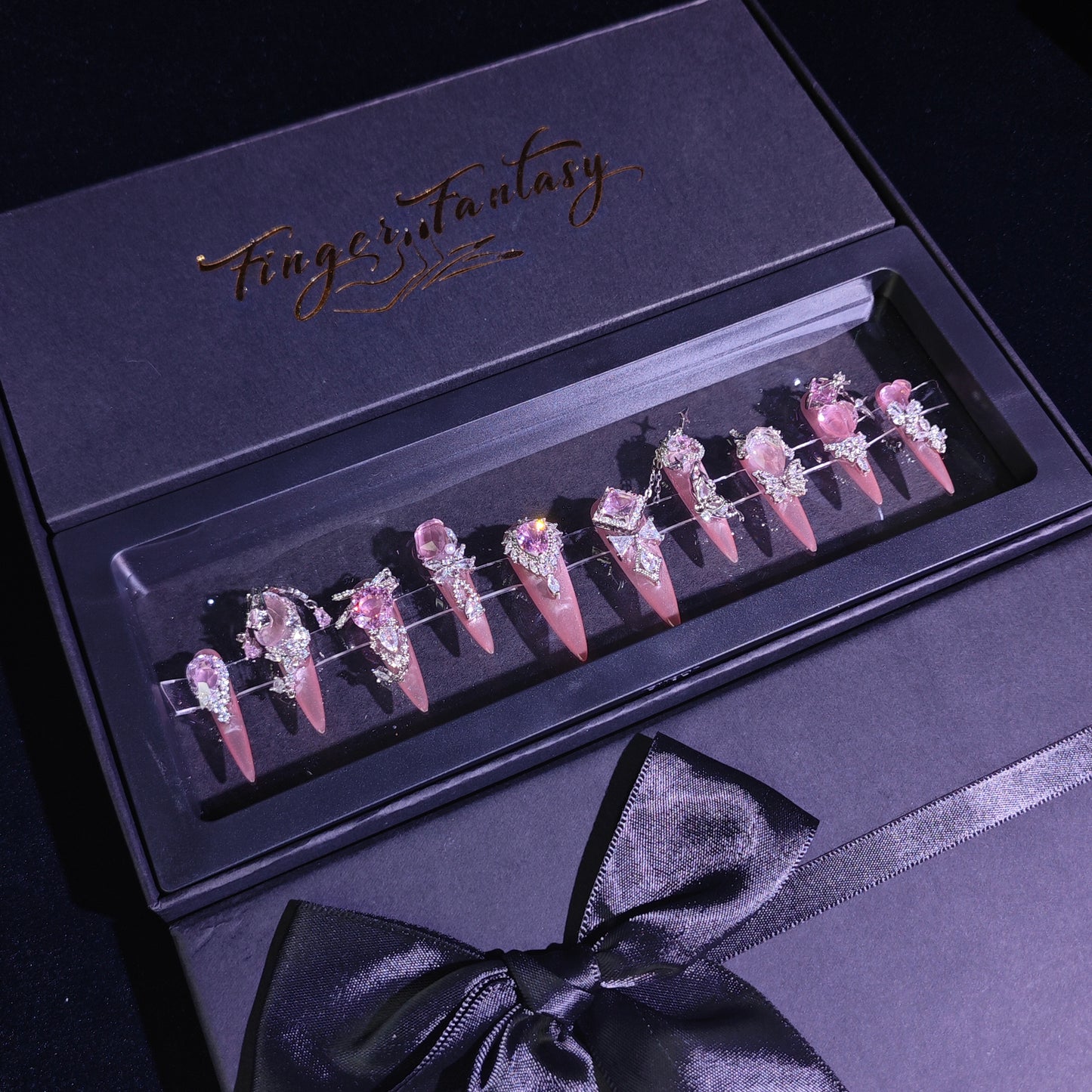 Finger Fantasy- Crystal Fantasy Luxury Rhinestone Handmade Press-On Nail Set with Gift Box & Greeting Card, 10pcs Elegant Nail Art Kit for Manicure, Perfect for Gifts and Holiday Glam(DM0043-46)