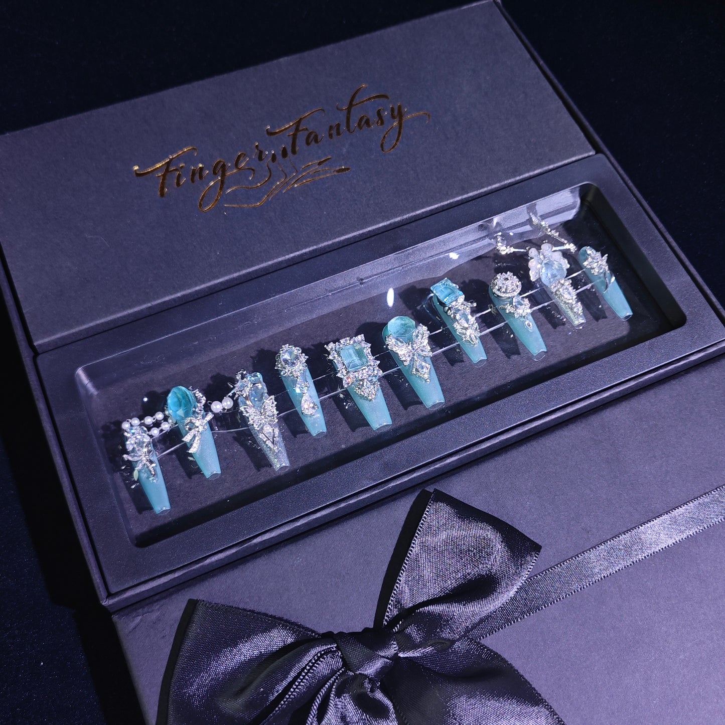 Finger Fantasy- Crystal Fantasy Luxury Rhinestone Handmade Press-On Nail Set with Gift Box & Greeting Card, 10pcs Elegant Nail Art Kit for Manicure, Perfect for Gifts and Holiday Glam(DM0054-57)