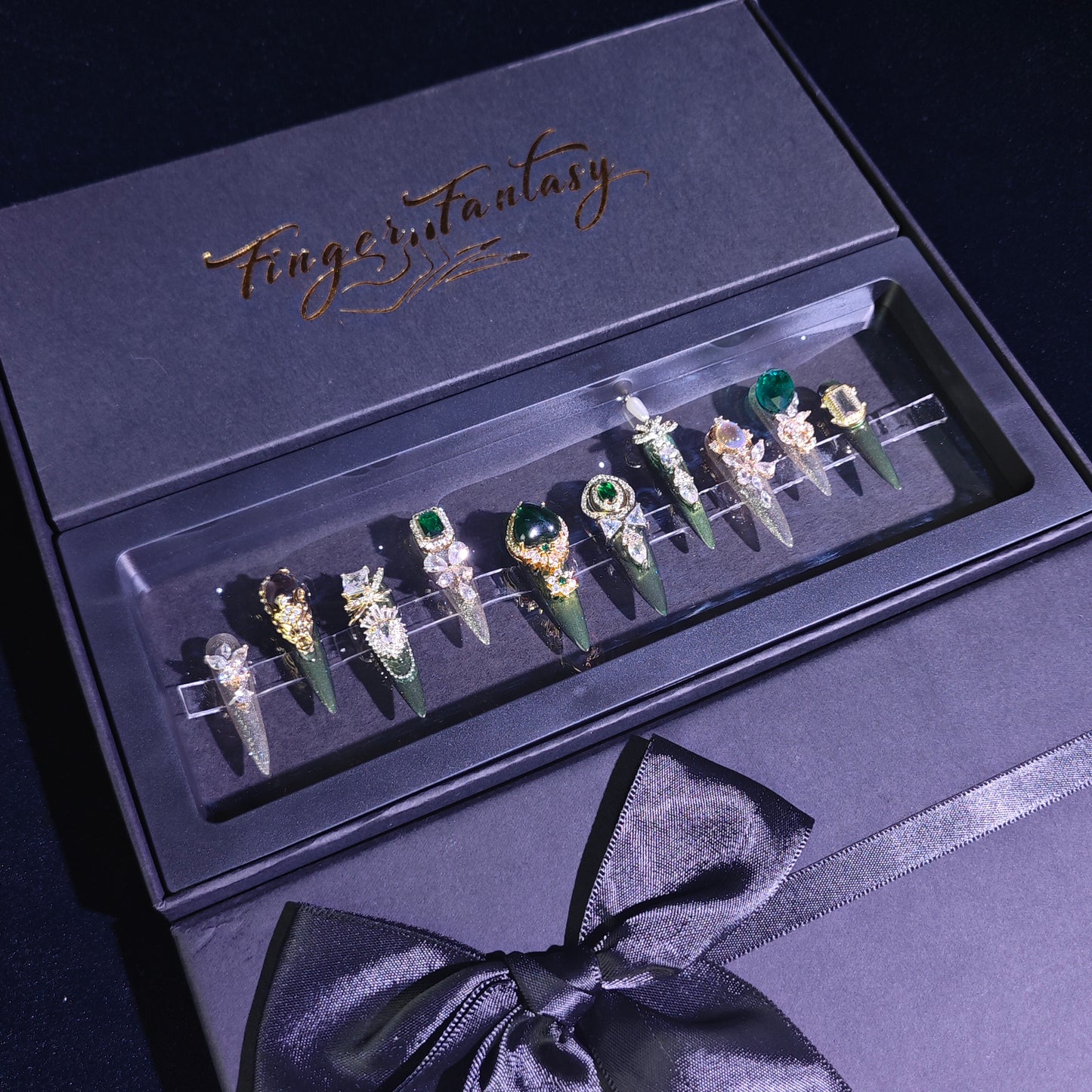 Finger Fantasy- Crystal Fantasy Luxury Rhinestone Handmade Press-On Nail Set with Gift Box & Greeting Card, 10pcs Elegant Nail Art Kit for Manicure, Perfect for Gifts and Holiday Glam(DM0048/49/50/51)