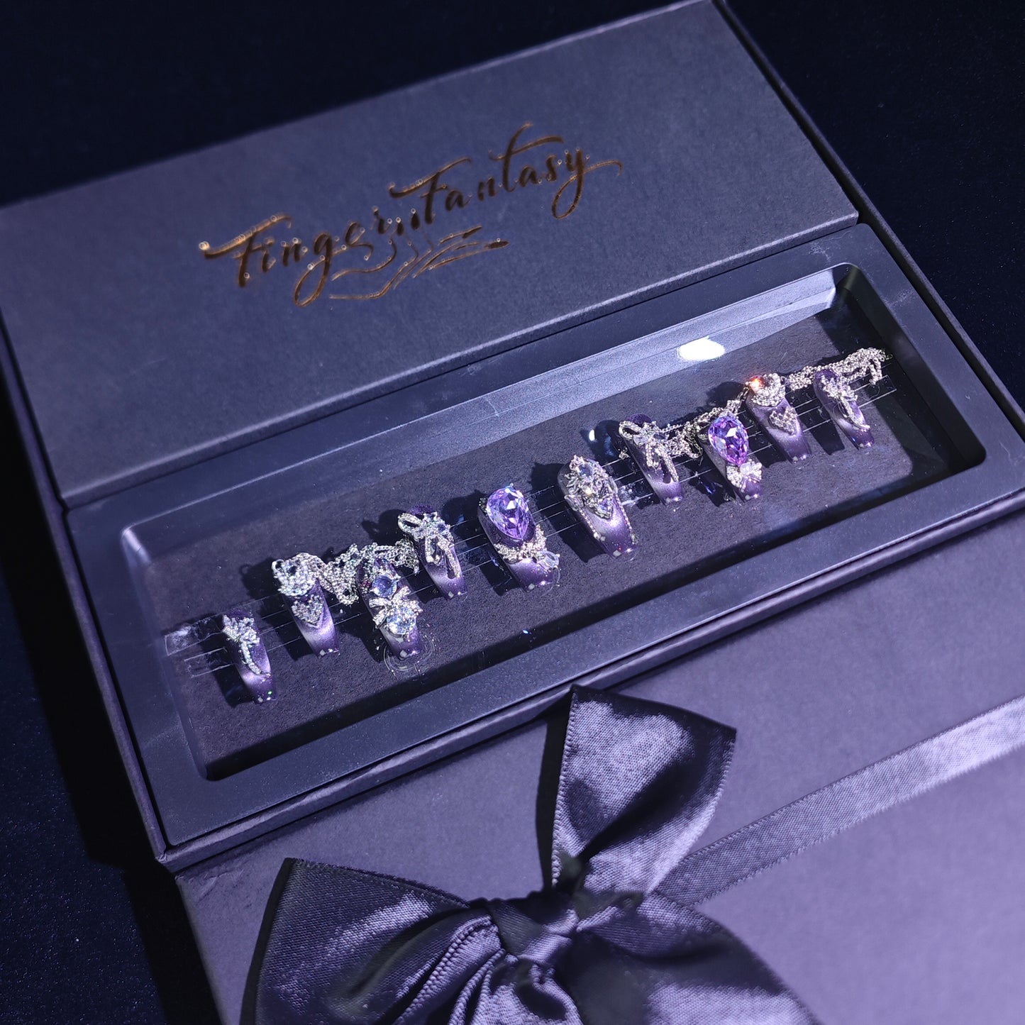 Finger Fantasy- Crystal Fantasy Luxury Rhinestone Handmade Press-On Nail Set with Gift Box & Greeting Card, 10pcs Elegant Nail Art Kit for Manicure, Perfect for Gifts and Holiday Glam(DM0041)