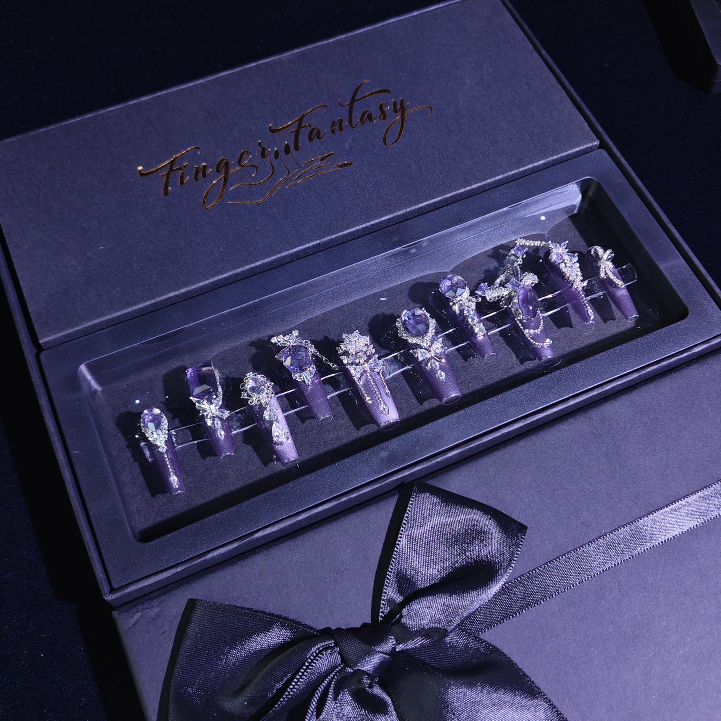 Finger Fantasy- Crystal Fantasy Luxury Rhinestone Handmade Press-On Nail Set with Gift Box & Greeting Card, 10pcs Elegant Nail Art Kit for Manicure, Perfect for Gifts and Holiday Glam(DM0023/28/29)