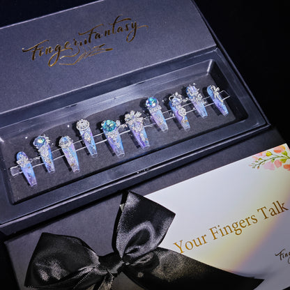 Finger Fantasy- Crystal Fantasy Luxury Rhinestone Handmade Press-On Nail Set with Gift Box & Greeting Card, 10pcs Elegant Nail Art Kit for Manicure, Perfect for Gifts and Holiday Glam(DM0083/89/90)