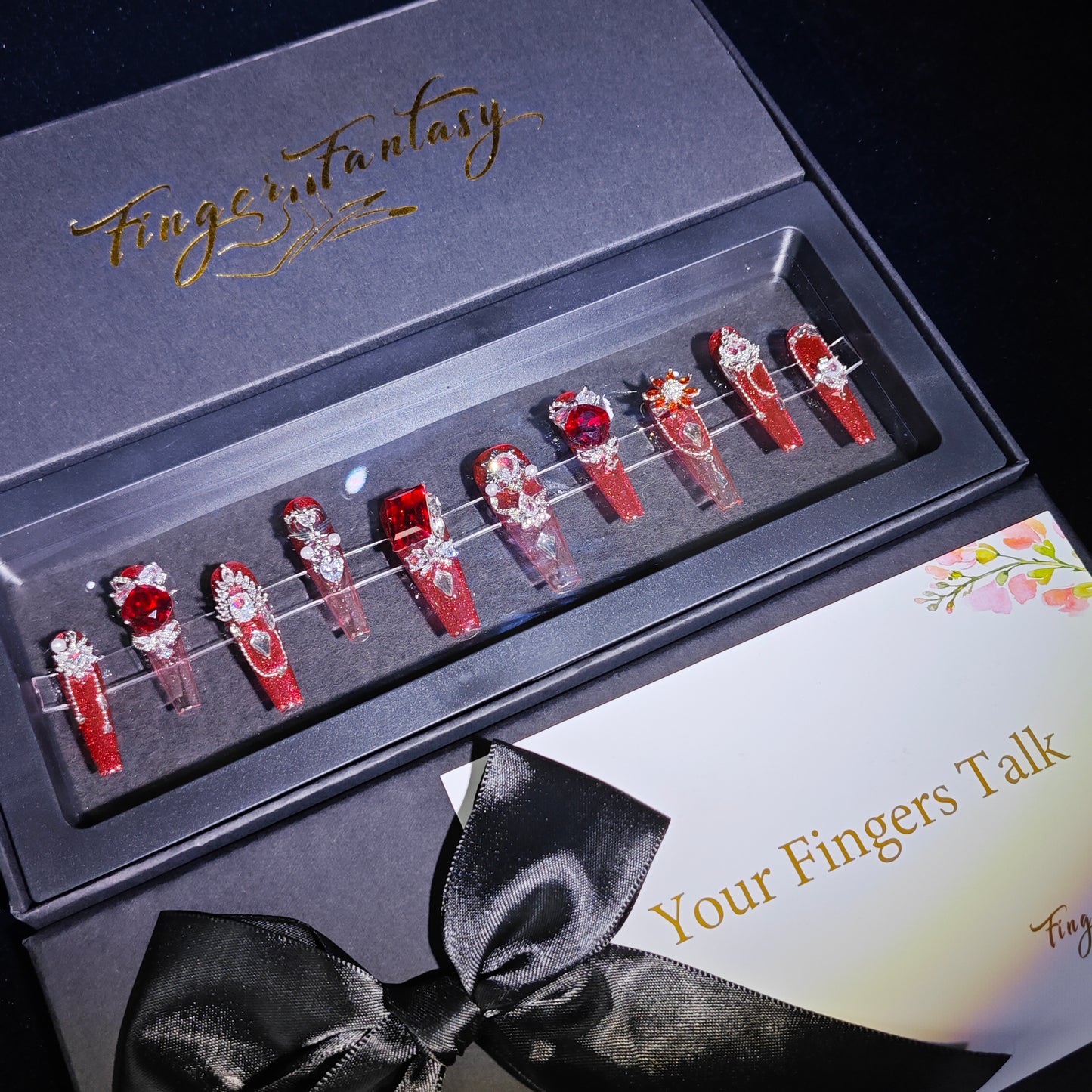 D105Finger Fantasy- Crystal Fantasy Luxury Rhinestone Handmade Press-On Nail Set with Gift Box & Greeting Card, 10pcs Elegant Nail Art Kit for Manicure, Perfect for Christmas Gift and Holiday Glam(DM0105)