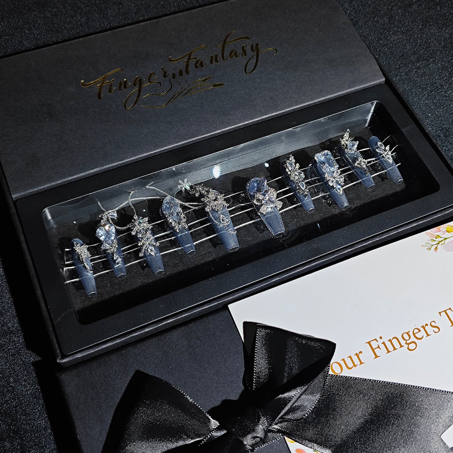 D128Finger Fantasy- Crystal Fantasy Luxury Rhinestone Handmade Press-On Nail Set with Gift Box & Greeting Card, 10pcs Elegant Nail Art Kit for Manicure, Perfect for Christmas Gift and Holiday Glam(DM0128)