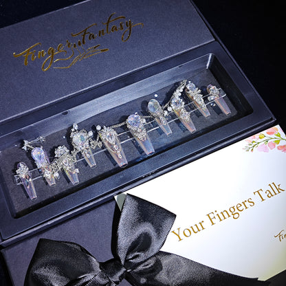 Finger Fantasy- Crystal Fantasy Luxury Rhinestone Handmade Press-On Nail Set with Gift Box & Greeting Card, 10pcs Elegant Nail Art Kit for Manicure, Perfect for Gifts and Holiday Glam(DM0085-87)