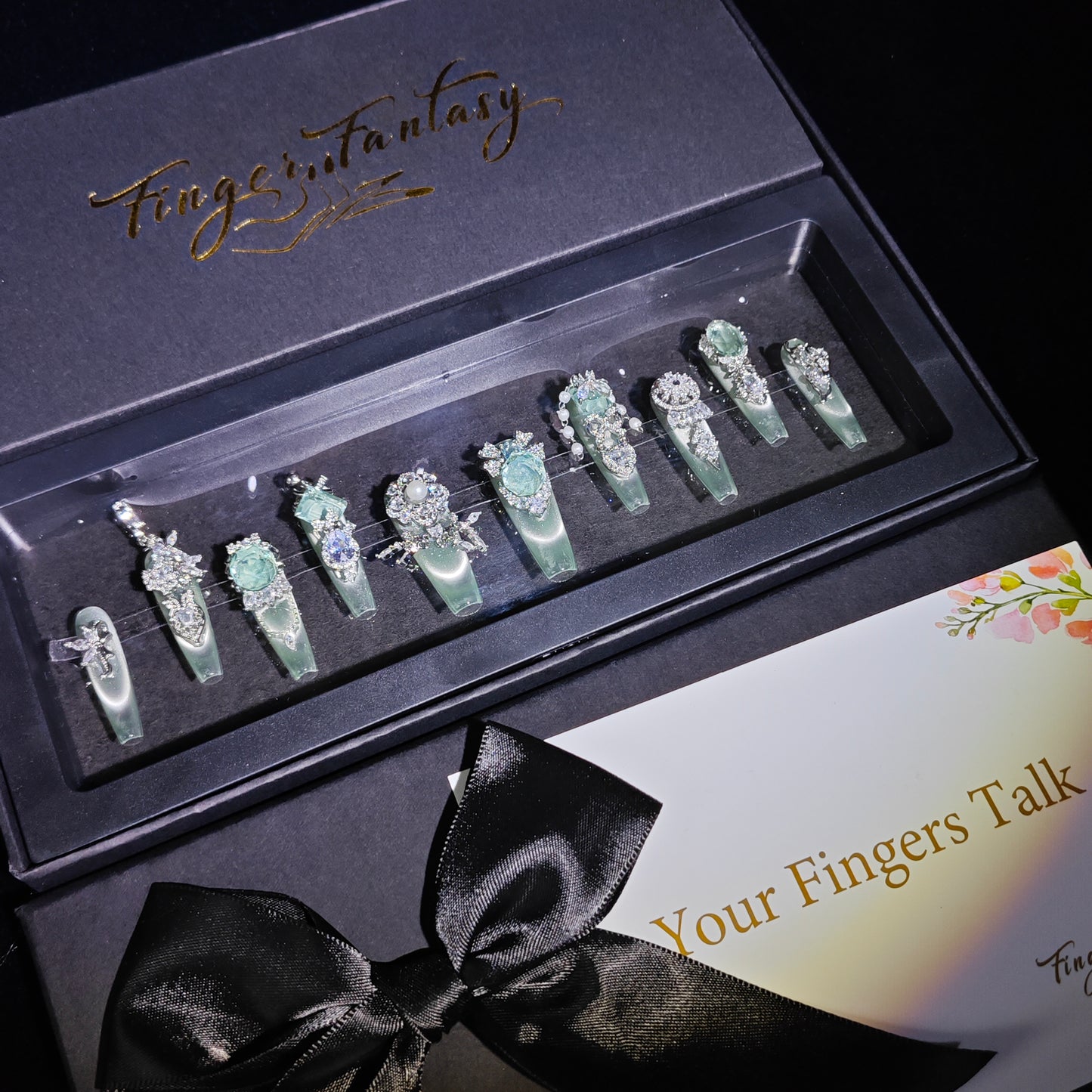 Finger Fantasy- Crystal Fantasy Luxury Rhinestone Handmade Press-On Nail Set with Gift Box & Greeting Card, 10pcs Elegant Nail Art Kit for Manicure, Perfect for Gifts and Holiday Glam(DM0073-80)