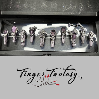 Finger Fantasy- Crystal Fantasy Luxury Rhinestone Handmade Press-On Nail Set with Gift Box & Greeting Card, 10pcs Elegant Nail Art Kit for Manicure, Perfect for Gifts and Holiday Glam(DM0023/28/29)