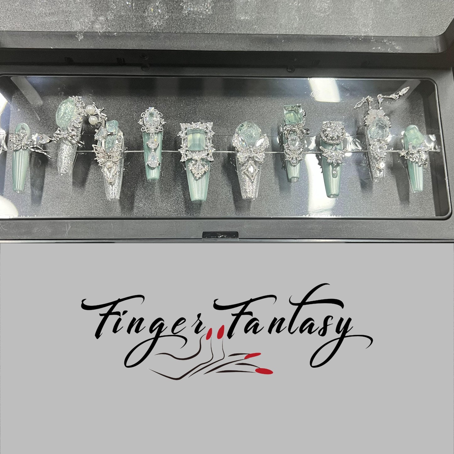 Finger Fantasy- Crystal Fantasy Luxury Rhinestone Handmade Press-On Nail Set with Gift Box & Greeting Card, 10pcs Elegant Nail Art Kit for Manicure, Perfect for Gifts and Holiday Glam(DM0054-57)