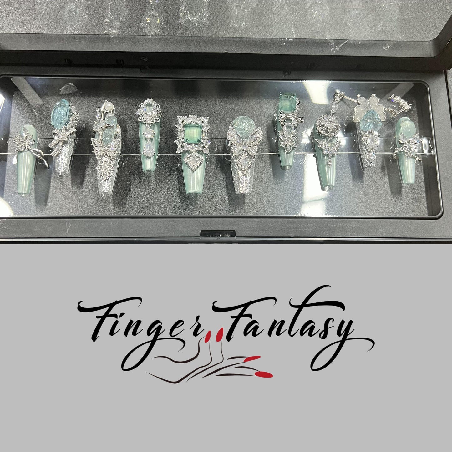 Finger Fantasy- Crystal Fantasy Luxury Rhinestone Handmade Press-On Nail Set with Gift Box & Greeting Card, 10pcs Elegant Nail Art Kit for Manicure, Perfect for Gifts and Holiday Glam(DM0054-57)