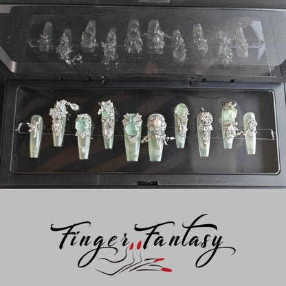 Finger Fantasy- Crystal Fantasy Luxury Rhinestone Handmade Press-On Nail Set with Gift Box & Greeting Card, 10pcs Elegant Nail Art Kit for Manicure, Perfect for Gifts and Holiday Glam(DM0073-80)