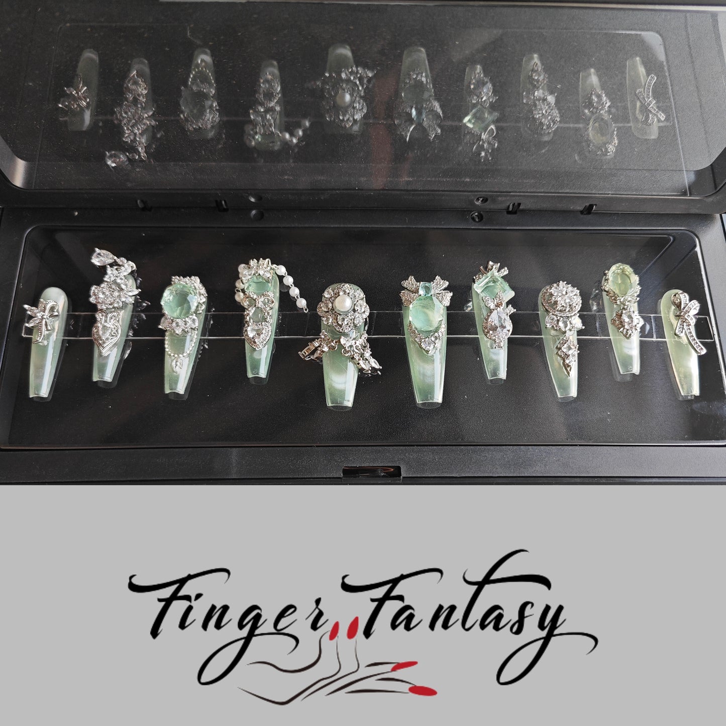 Finger Fantasy- Crystal Fantasy Luxury Rhinestone Handmade Press-On Nail Set with Gift Box & Greeting Card, 10pcs Elegant Nail Art Kit for Manicure, Perfect for Gifts and Holiday Glam(DM0073-80)