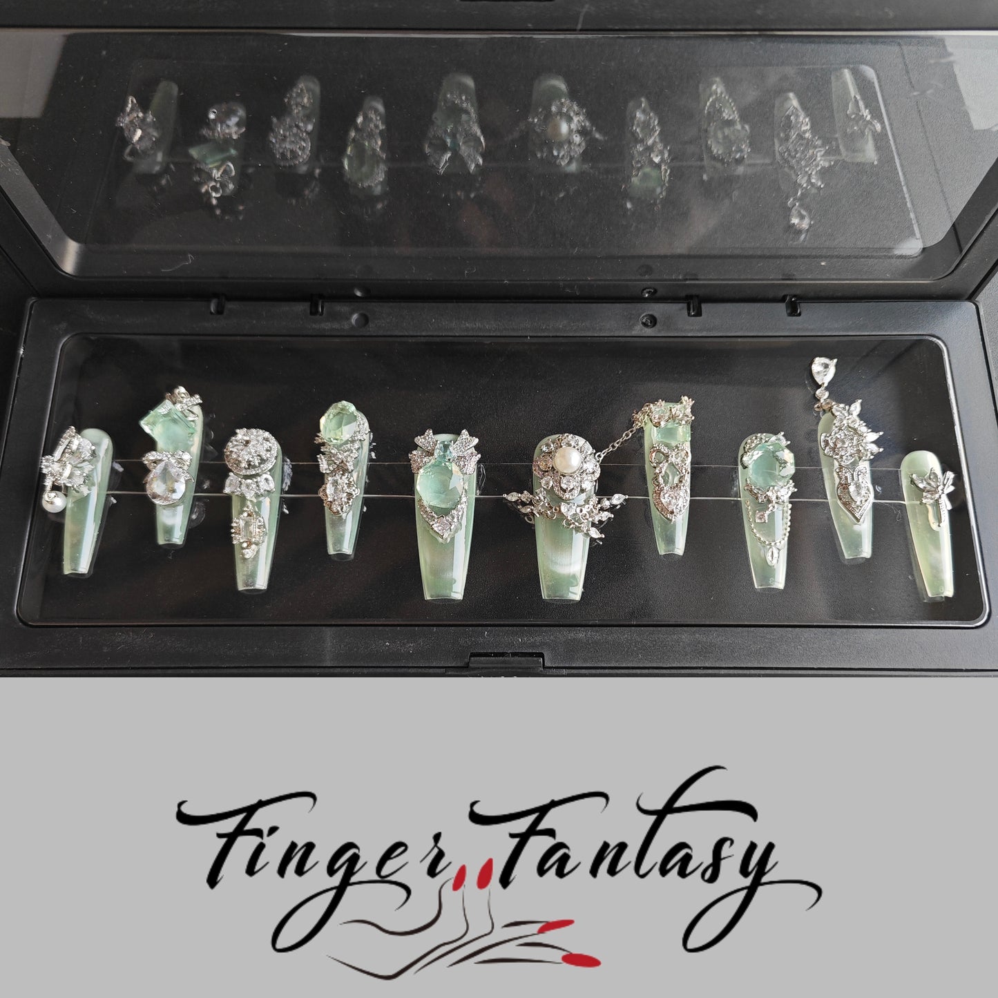 Finger Fantasy- Crystal Fantasy Luxury Rhinestone Handmade Press-On Nail Set with Gift Box & Greeting Card, 10pcs Elegant Nail Art Kit for Manicure, Perfect for Gifts and Holiday Glam(DM0073-80)