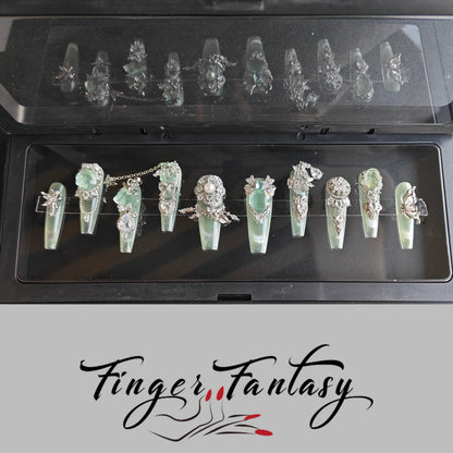 Finger Fantasy- Crystal Fantasy Luxury Rhinestone Handmade Press-On Nail Set with Gift Box & Greeting Card, 10pcs Elegant Nail Art Kit for Manicure, Perfect for Gifts and Holiday Glam(DM0073-80)