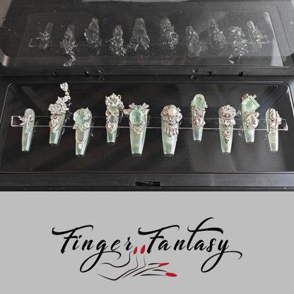 Finger Fantasy- Crystal Fantasy Luxury Rhinestone Handmade Press-On Nail Set with Gift Box & Greeting Card, 10pcs Elegant Nail Art Kit for Manicure, Perfect for Gifts and Holiday Glam(DM0073-80)