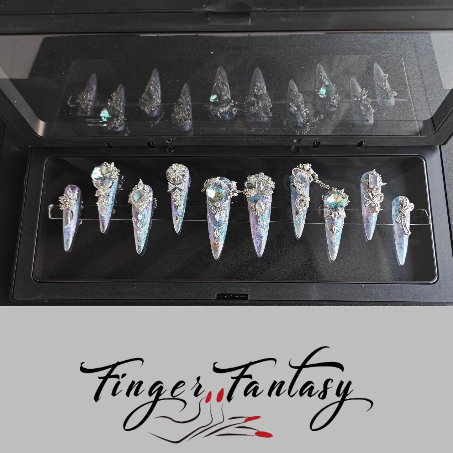 Finger Fantasy- Crystal Fantasy Luxury Rhinestone Handmade Press-On Nail Set with Gift Box & Greeting Card, 10pcs Elegant Nail Art Kit for Manicure, Perfect for Gifts and Holiday Glam(DM0083/89/90)