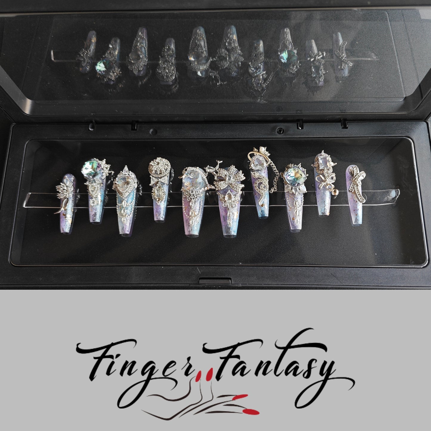 Finger Fantasy- Crystal Fantasy Luxury Rhinestone Handmade Press-On Nail Set with Gift Box & Greeting Card, 10pcs Elegant Nail Art Kit for Manicure, Perfect for Gifts and Holiday Glam(DM0083/89/90)