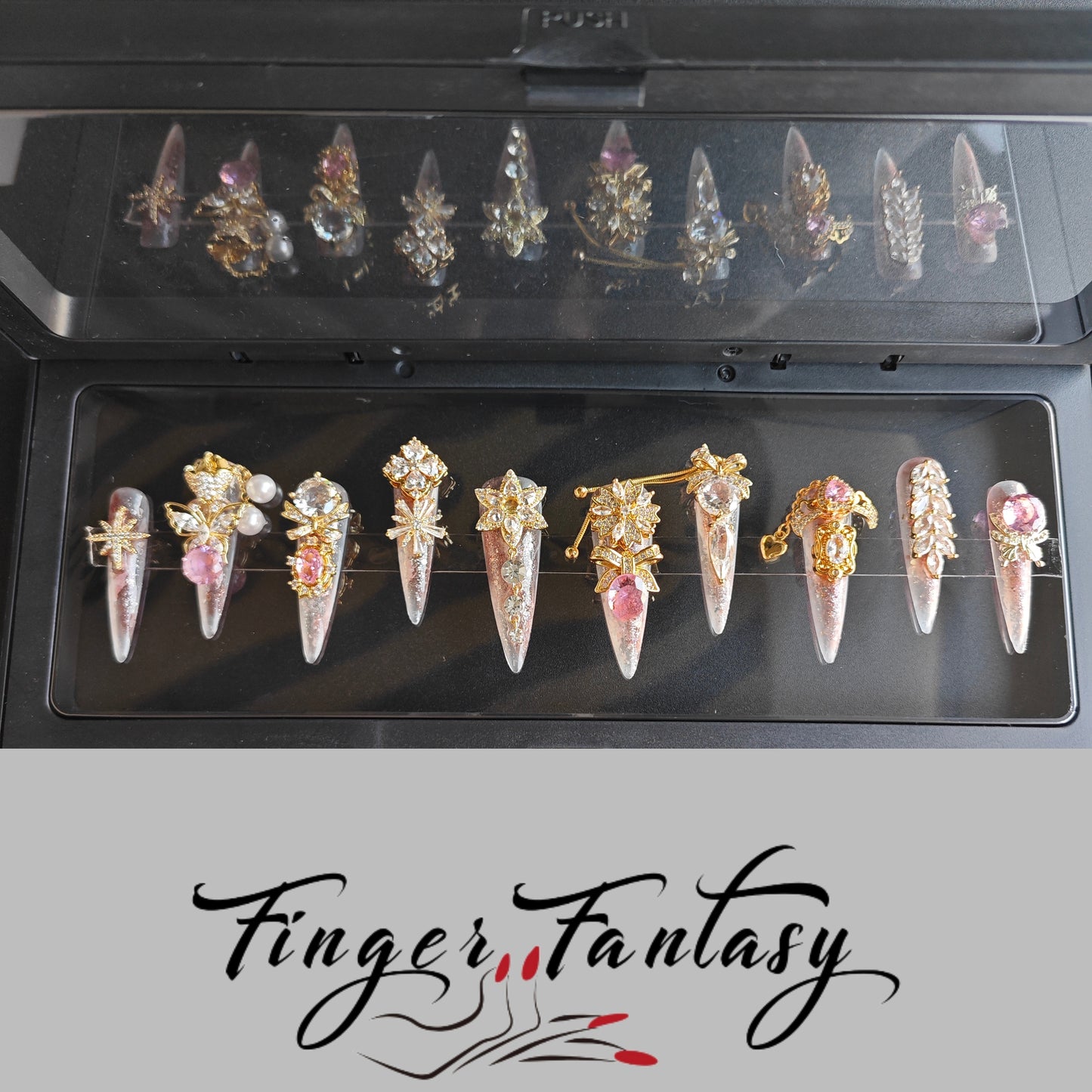 Finger Fantasy- Crystal Fantasy Luxury Rhinestone Handmade Press-On Nail Set with Gift Box & Greeting Card, 10pcs Elegant Nail Art Kit for Manicure, Perfect for Gifts and Holiday Glam(DM0095/98-101)