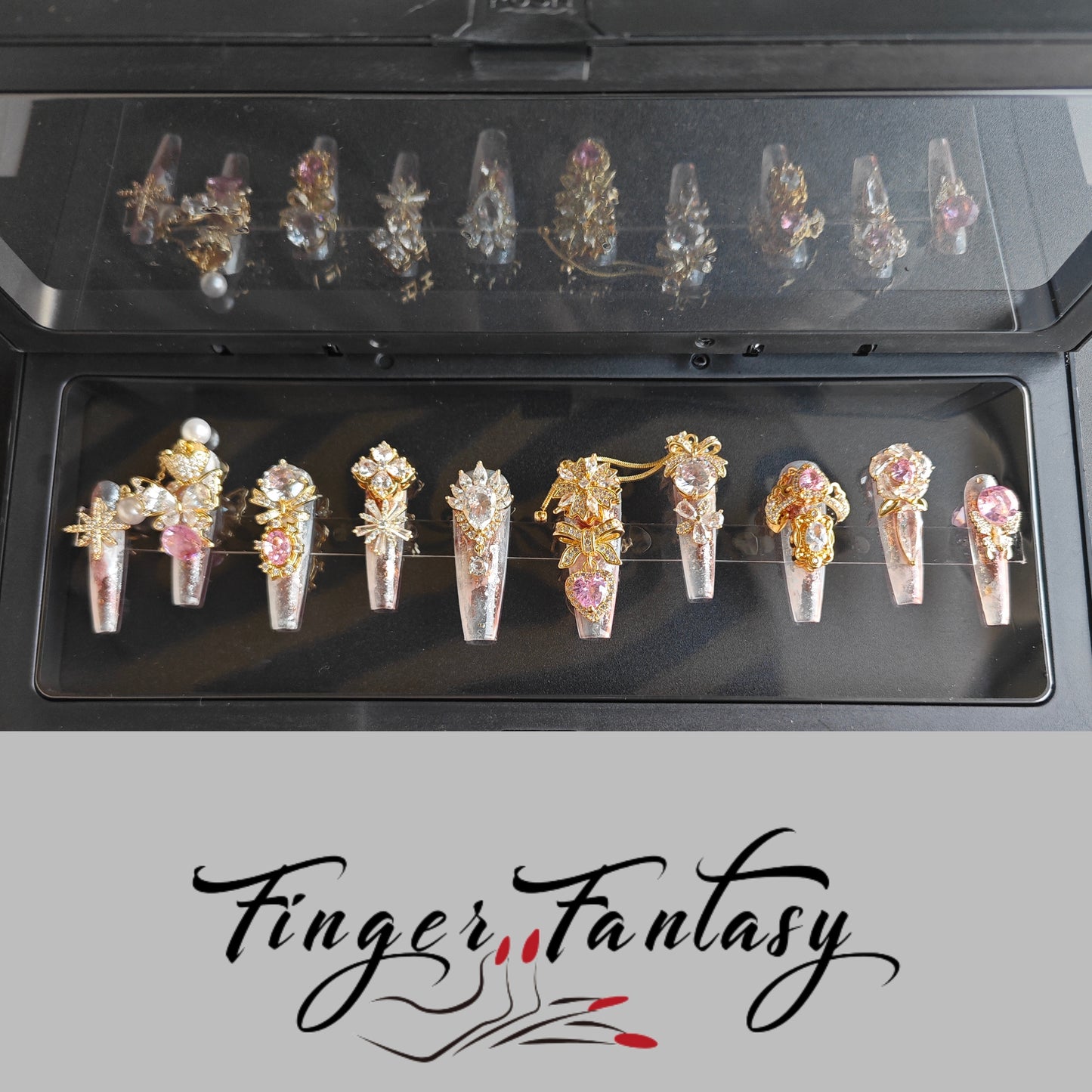 Finger Fantasy- Crystal Fantasy Luxury Rhinestone Handmade Press-On Nail Set with Gift Box & Greeting Card, 10pcs Elegant Nail Art Kit for Manicure, Perfect for Gifts and Holiday Glam(DM0095/98-101)