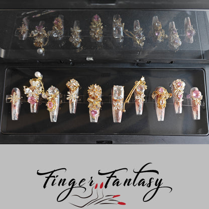 Finger Fantasy- Crystal Fantasy Luxury Rhinestone Handmade Press-On Nail Set with Gift Box & Greeting Card, 10pcs Elegant Nail Art Kit for Manicure, Perfect for Gifts and Holiday Glam(DM0095/98-101)