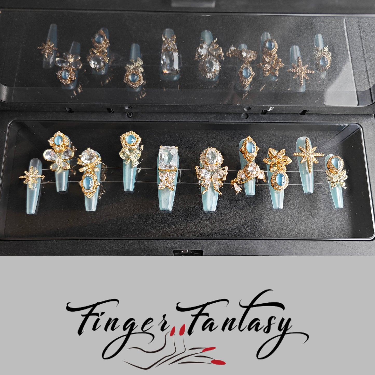 Finger Fantasy- Crystal Fantasy Luxury Rhinestone Handmade Press-On Nail Set with Gift Box & Greeting Card, 10pcs Elegant Nail Art Kit for Manicure, Perfect for Gifts and Holiday Glam(DM0070/0108-114)