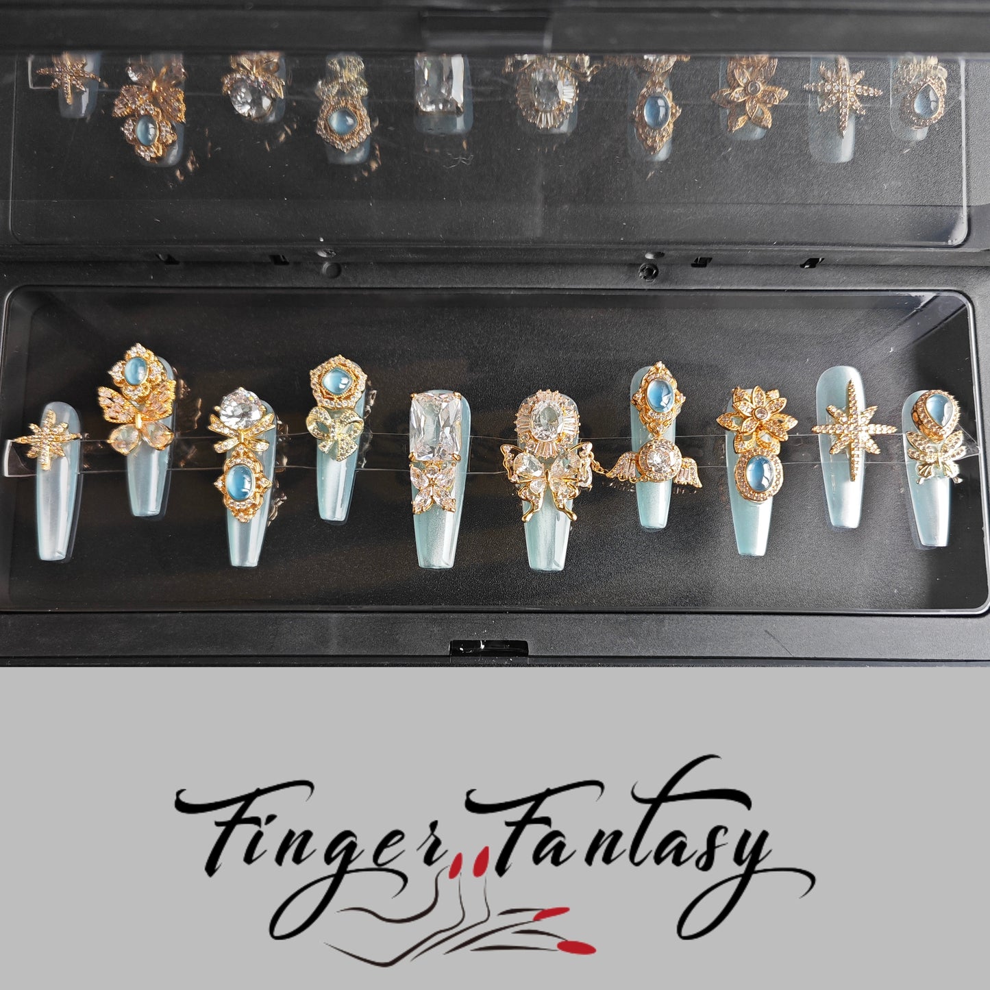 Finger Fantasy- Crystal Fantasy Luxury Rhinestone Handmade Press-On Nail Set with Gift Box & Greeting Card, 10pcs Elegant Nail Art Kit for Manicure, Perfect for Gifts and Holiday Glam(DM0070/0108-114)