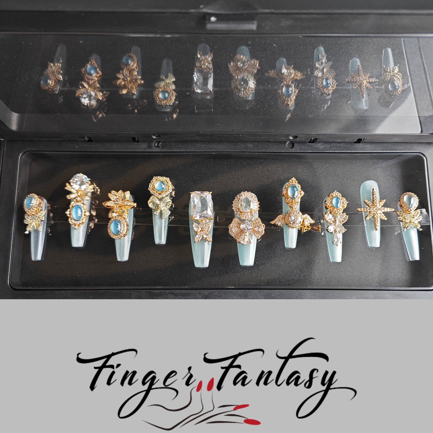 Finger Fantasy- Crystal Fantasy Luxury Rhinestone Handmade Press-On Nail Set with Gift Box & Greeting Card, 10pcs Elegant Nail Art Kit for Manicure, Perfect for Gifts and Holiday Glam(DM0070/0108-114)