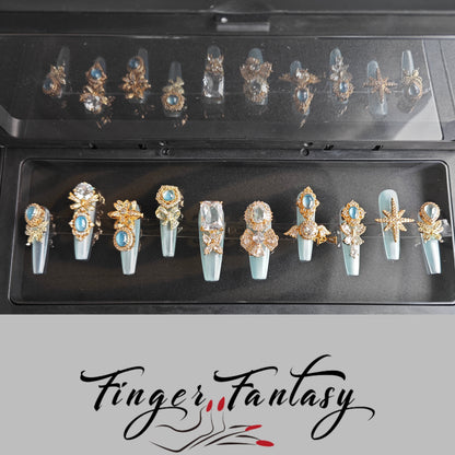 Finger Fantasy- Crystal Fantasy Luxury Rhinestone Handmade Press-On Nail Set with Gift Box & Greeting Card, 10pcs Elegant Nail Art Kit for Manicure, Perfect for Gifts and Holiday Glam(DM0070/0108-114)