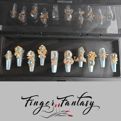 Finger Fantasy- Crystal Fantasy Luxury Rhinestone Handmade Press-On Nail Set with Gift Box & Greeting Card, 10pcs Elegant Nail Art Kit for Manicure, Perfect for Gifts and Holiday Glam(DM0070/0108-114)