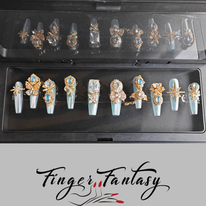 Finger Fantasy- Crystal Fantasy Luxury Rhinestone Handmade Press-On Nail Set with Gift Box & Greeting Card, 10pcs Elegant Nail Art Kit for Manicure, Perfect for Gifts and Holiday Glam(DM0070/0108-114)