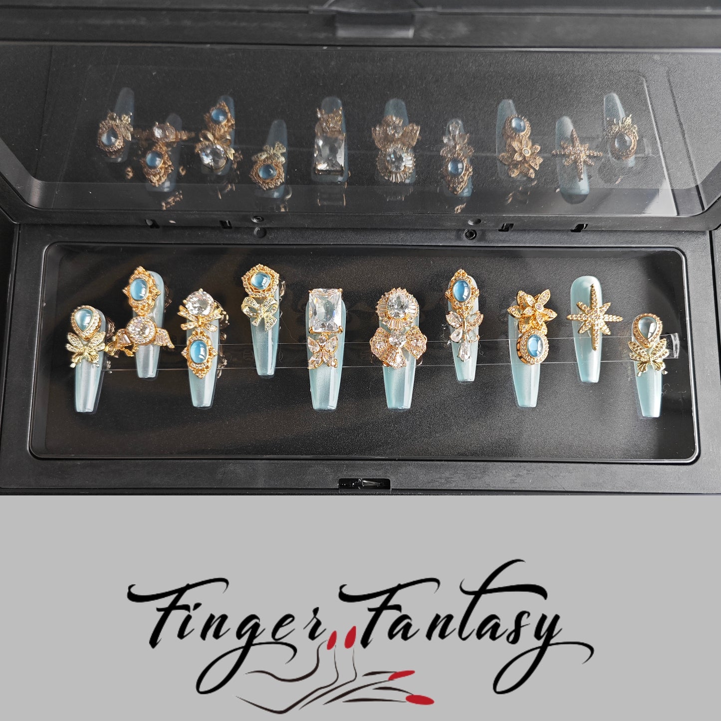 Finger Fantasy- Crystal Fantasy Luxury Rhinestone Handmade Press-On Nail Set with Gift Box & Greeting Card, 10pcs Elegant Nail Art Kit for Manicure, Perfect for Gifts and Holiday Glam(DM0070/0108-114)