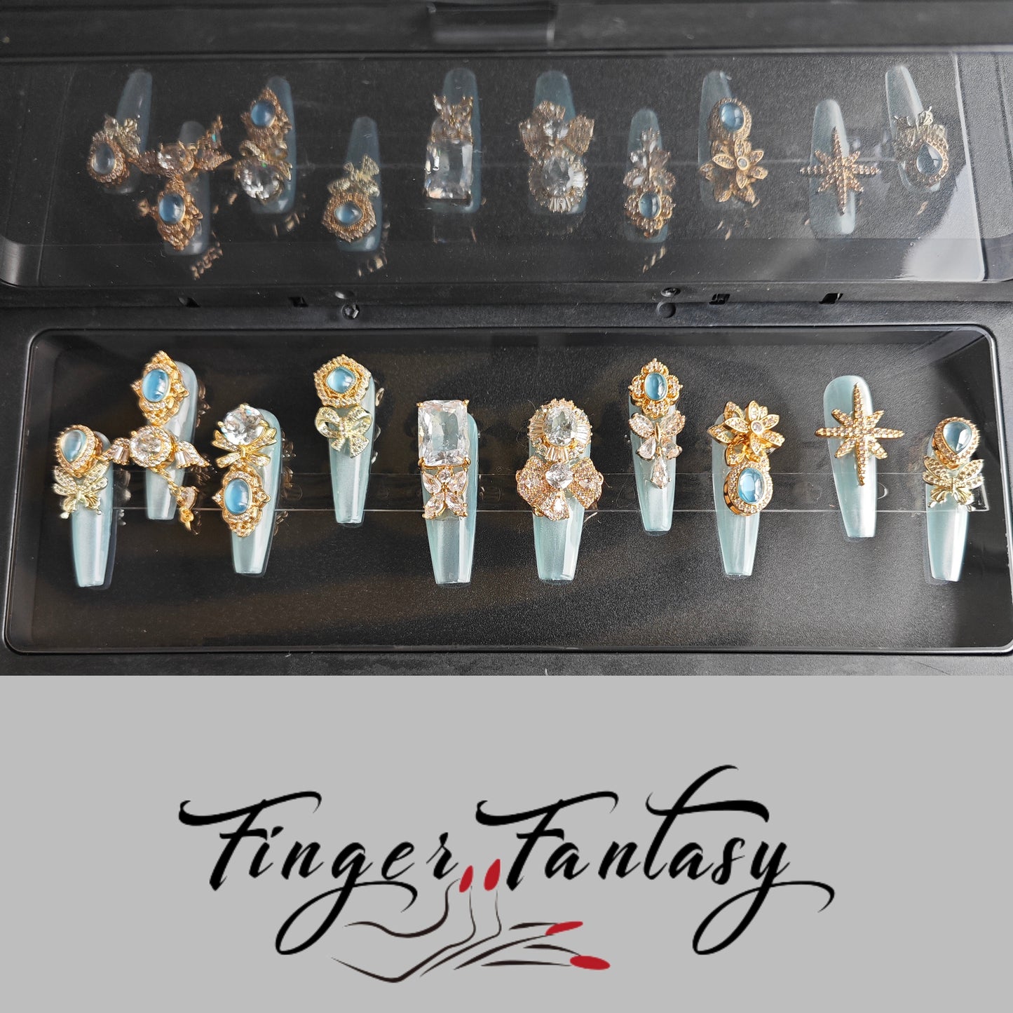 Finger Fantasy- Crystal Fantasy Luxury Rhinestone Handmade Press-On Nail Set with Gift Box & Greeting Card, 10pcs Elegant Nail Art Kit for Manicure, Perfect for Gifts and Holiday Glam(DM0070/0108-114)